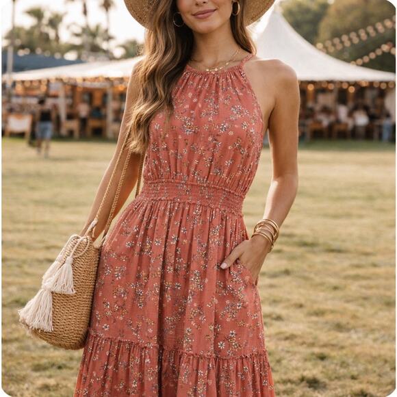 Lost & Wander Sz S Red Floral Revolve Pckts Shirred Waist Lined Maxi Dress - Picture 1 of 13